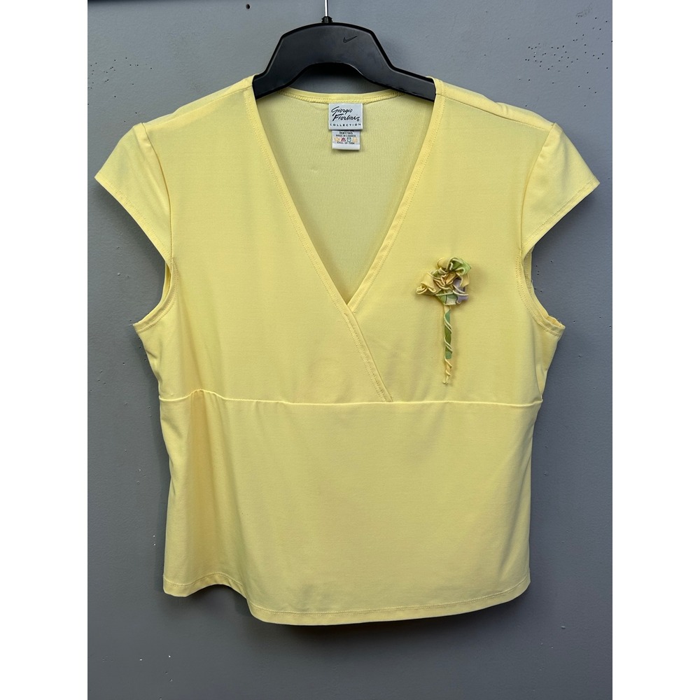 Vintage Giorgio Fiorlini Top Womens L Yellow Faux Wrap Cap Sleeve Floral Rose